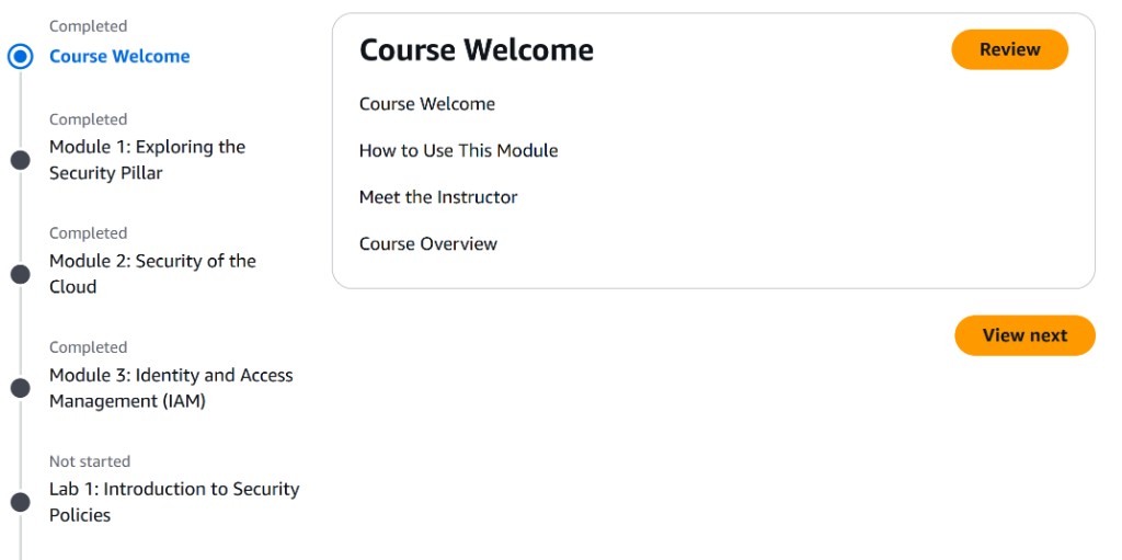AWS Security course navigation showing module progression and lesson structure