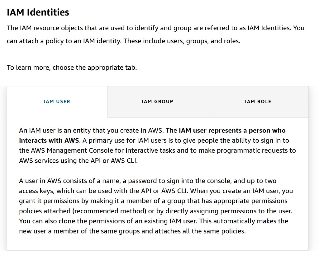 IAM Identities lesson with tabbed interaction for IAM User, IAM Group, and IAM Role