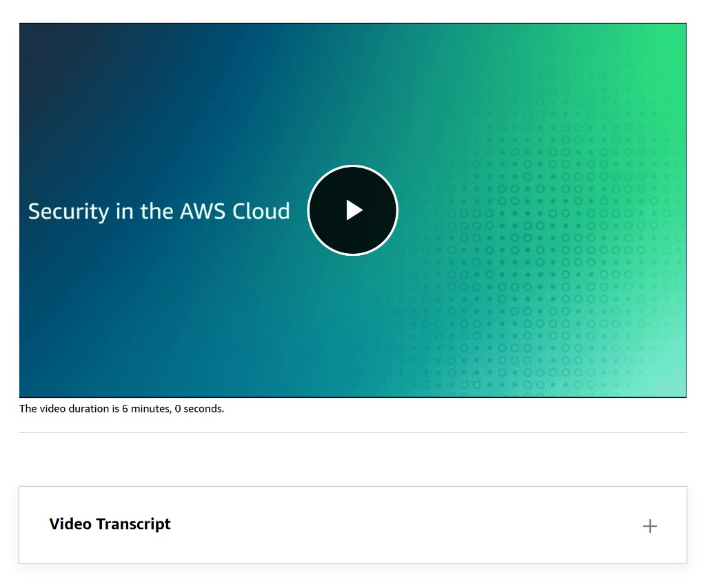 Video lesson with expandable transcript section for Security in the AWS Cloud